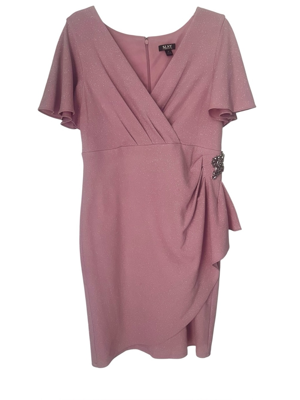 SLNY Pink Shimmer Cocktail Faux Wrap Flutter Sleeve Party Wedding Guest Dress 14